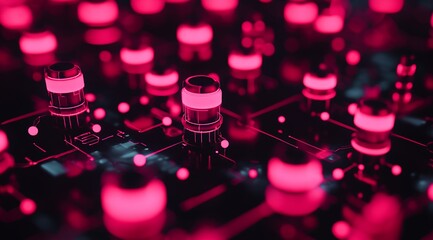 Abstract Futuristic Technology Background Pink Neon Lights on Dark Circuit Board