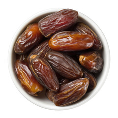Sweet medjool dates in white bowl on transparent background