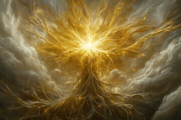 Golden Celestial Tree of Life glowing brightly in ethereal cloudscape fantasy art