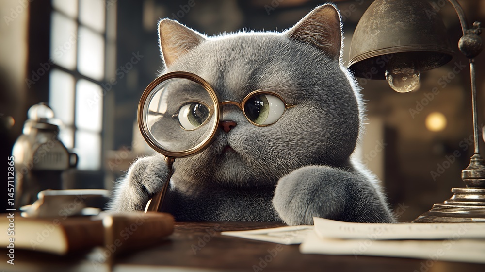 Poster a fluffy gray cat wearing spectacles and examining something with a magnifying glass.
