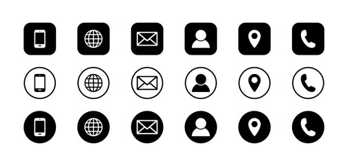 Web icon set. Business card icon set. Set of contact us icons for web and website. Contact icons phone, call, location, globe, use for web and website.