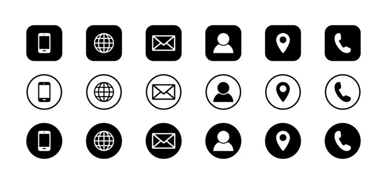 Web icon set. Business card icon set. Set of contact us icons for web and website. Contact icons phone, call, location, globe, use for web and website.