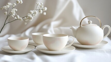 Fototapeta premium Elegant white porcelain tea set with subtle blush hues, arranged on soft, draped cloth
