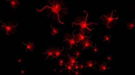 Red glowing abstract shapes float in dark space, creating a dynamic and mysterious atmosphere.  The image uses a dark background and vibrant red hues to evoke a sense of energy and intrigue.