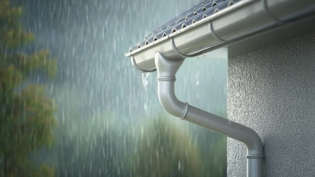 Rainwater flowing from a gutter downspout on a house during a heavy rainstorm, with blurred greenery in the background