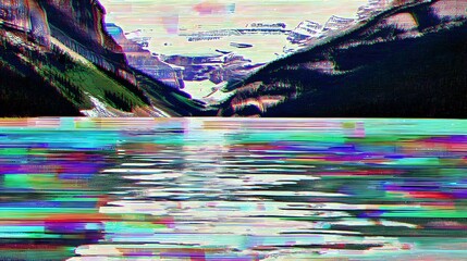 park landscape merging with glitch textures and floating elements