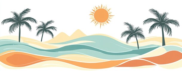 Obraz premium Abstract beach vector background set with palm trees, sea waves, and sun on a white background