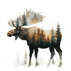 Majestic Moose Silhouette Double Exposure Forest Landscape and Antlers