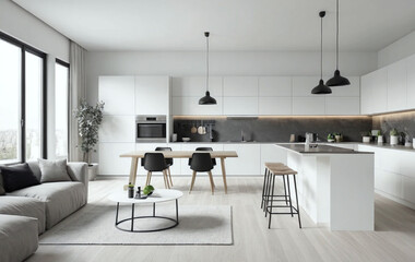 Bright White Home Interior Featuring Open Living Room and Kitchen Layout in Minimalist Style – Generative AI