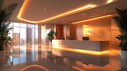 Open business hall with smooth reflective surfaces modern decor glass walls vibrant lighting clean and professional atmosphere. 