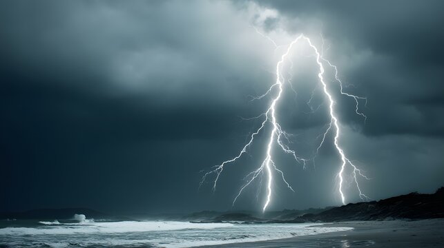 thunderbolts shaped like circuit lines hitting the ocean