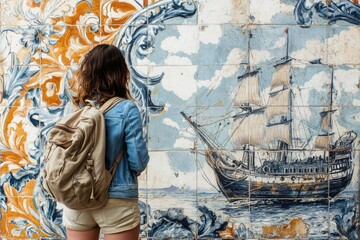 Woman with backpack admires a vintage ship painted on beautiful azulejo tiles.