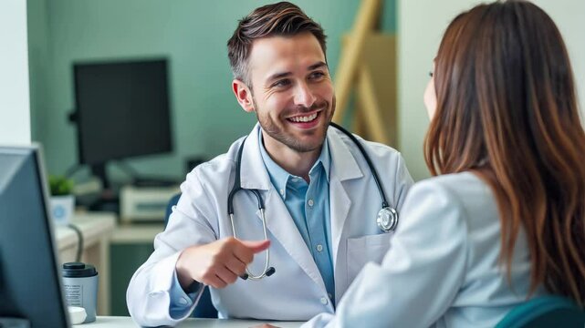 Smiling male doctor with stethoscope giving thumbsup during consultation with female patient in clinical office. Healthcare professional in white labcoat providing medical advice and positive