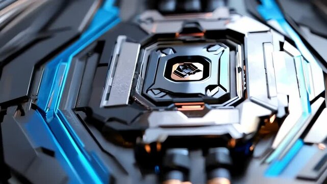 A close up of a computer motherboard with a blue and black design