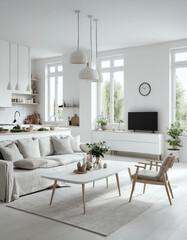 Elegant Open Concept White Kitchen and Living Room with Scandinavian Aesthetic – Generative AI