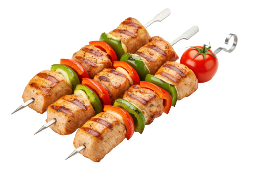 Two skewers with grilled meat bell peppers and a tomato on black