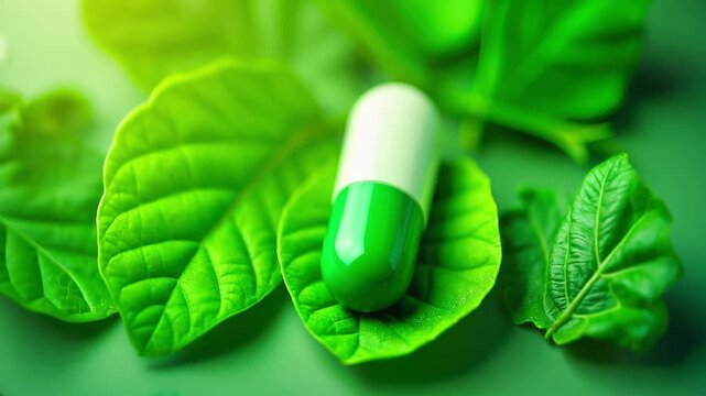 Green capsule pill on fresh leaves. Natural herbal medicine supplement with botanical extract. Organic health remedy concept. Alternative holistic therapy with plant based medication. Eco friendly