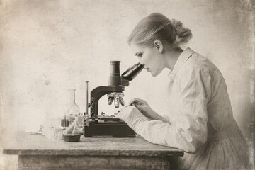 A woman scientist meticulously examines a sample under a vintage microscope in a sepia-toned laboratory setting.