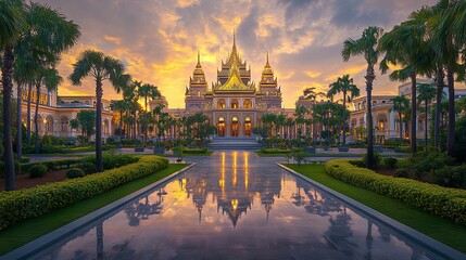 Naklejka premium Opulent royal palace hotel with towering golden spires expansive marble courtyards and lush greenery framed by soft dawn light frontal symmetrical perspective. 