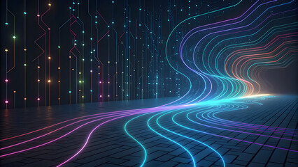 Digital transformation Abstract digital landscape featuring flowing lines of light and circuit patterns.