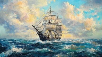 Fototapeta premium Vintage Sailing Ship on the Ocean â€“ Oil Seascape --