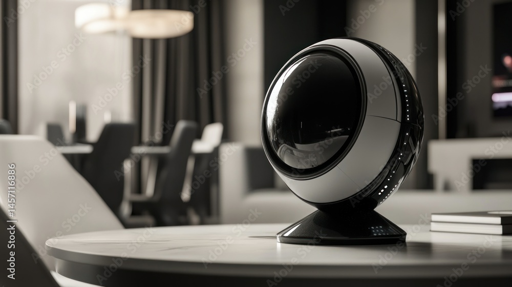 Poster a spherical device resting on a table in a room setting