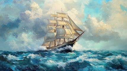 Fototapeta premium Vintage Sailing Ship on the Ocean â€“ Oil Seascape --