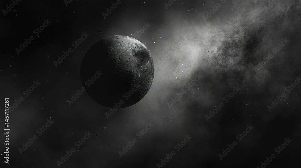 Poster a monochrome image featuring a moon with surrounding nebula effect