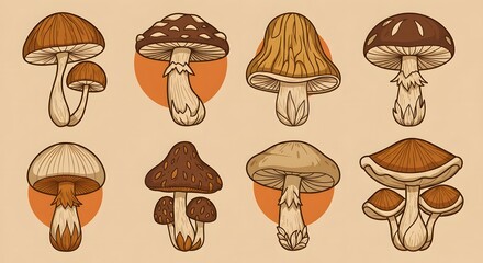 Mushroom Variety Illustration Collection of Different Types and Shapes in Line Art