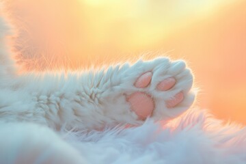 Close-up of a fluffy white cat's paw bathed in warm sunset light.