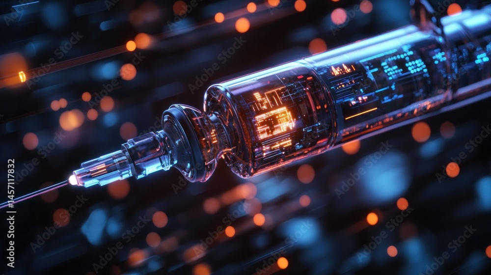 Poster a digital rendering depicts a futuristic syringe with glowing components