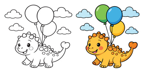 Adorable Baby Ankylosaurus with Balloons Coloring Page &ndash; Fun Dinosaur Line Art for Kids