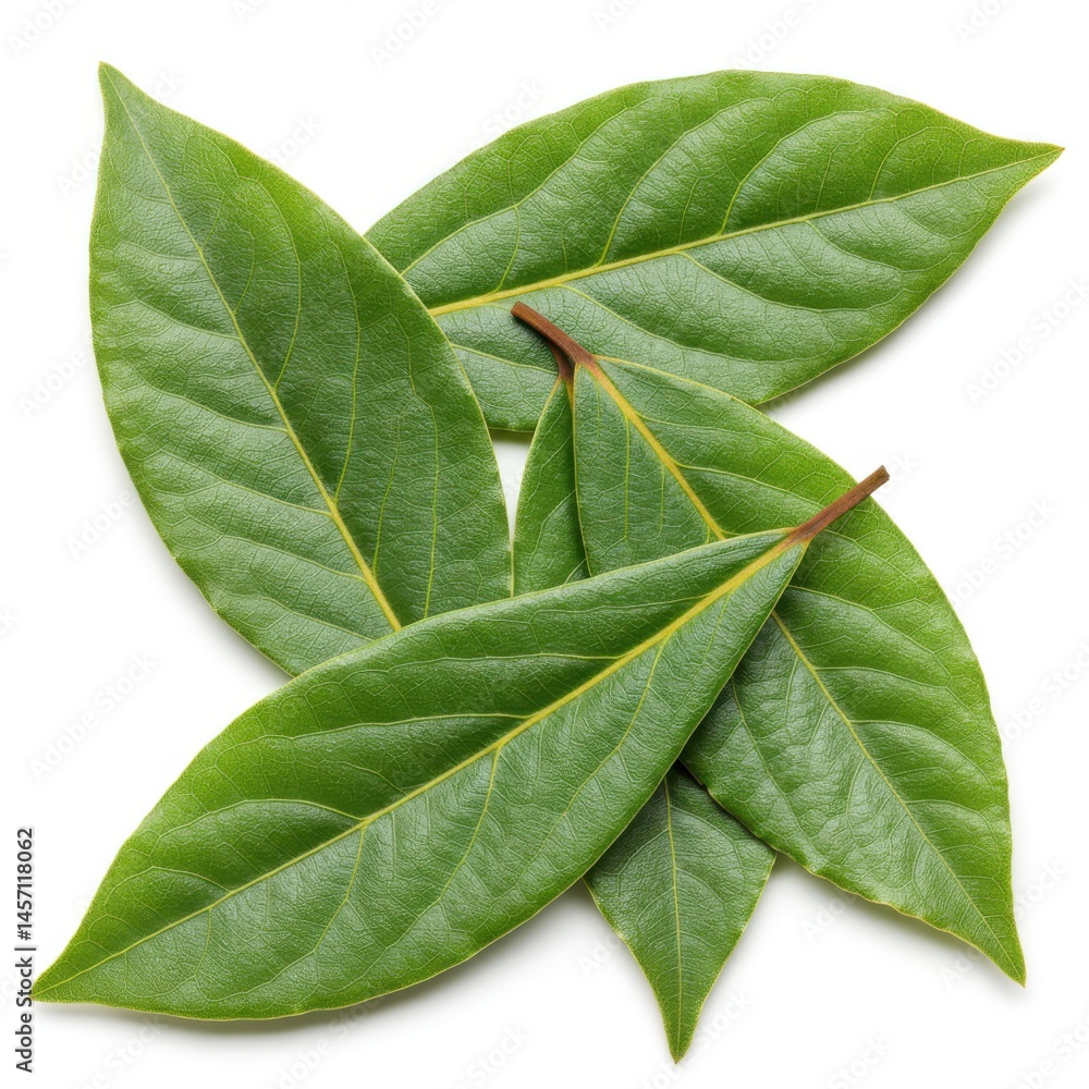Poster a top view of several fresh green leaves with visible veins arranged on a white background surface