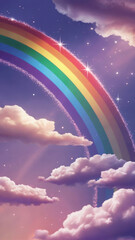 A magical fantasy sky scene with a vibrant rainbow arching across a purple and blue gradient background.