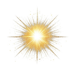 Radiant golden starburst with glowing light center and sparkling particles, cut out - stock png.