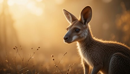 Fototapeta premium Adorable Red Kangaroo Joey at Golden Hour Sunrise in Australian Outback