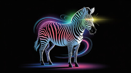 Fototapeta premium A zebra with vivid stripes stands illuminated by neon rings and bright eyes