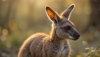 Fototapeta premium Adorable Wallaby Joey in Golden Hour Sunlight Wildlife Portrait Australian Fauna