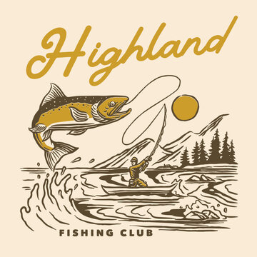 A nostalgic vintage illustration of a fisherman in a boat reeling in a fish in the highland waters, with a backdrop of mountains and pine trees under the sun.