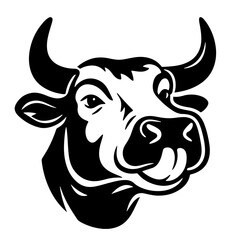 Black and white vector illustration of a bull's head, showcasing a strong and playful expression.
