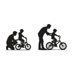 Fototapeta premium vector silhouette illustration of a father teaches his son to ride a bicycle