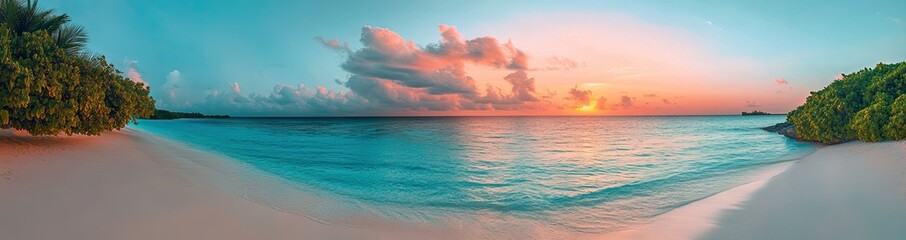 Fototapeta premium Panoramic photograph of an amazing, colorful sunset on the beach