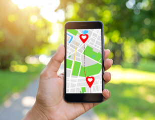 Long-distance love or digital search for romance. A hand holds a smartphone on a sunny summer day. On the screen, a digital map shows two hearts connected by a line &ndash; symbolizing a long-distance relat