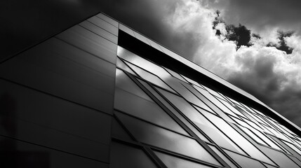 Perspective of a high-rise with reflective glass and dark steel window frames sharp building corner angle blending with cloud reflections 