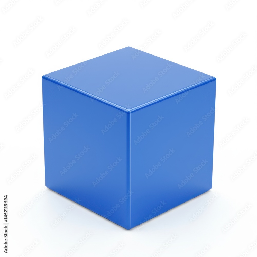 Poster a single blue cube is displayed on a white background with soft shadows and a glossy surface finish 