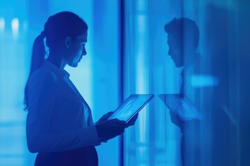 A woman analyzes data on a tablet in a modern office, illuminated by blue light.