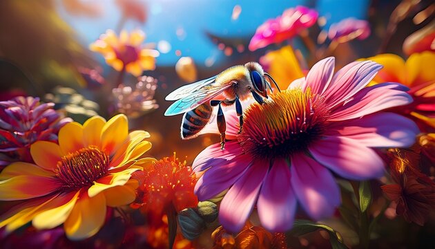 Bienen an einer Blumenwiese im Permakulturgarten