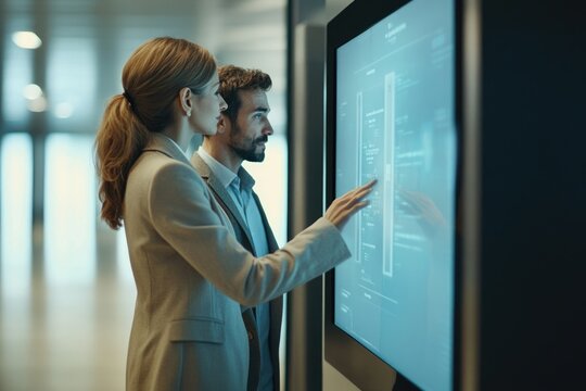 Business colleagues collaborate on a large interactive touchscreen display, analyzing data and strategizing. - Powered by Adobe