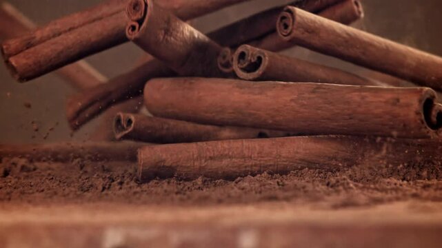 Cinnamon sticks fall on the table. Filmed on a high-speed camera at 1000 fps. High quality FullHD footage