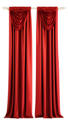 Elegant red velvet curtains with golden rod. Dramatic window treatment perfect for theater stage design, luxury interior, and classical vintage home decor themes.